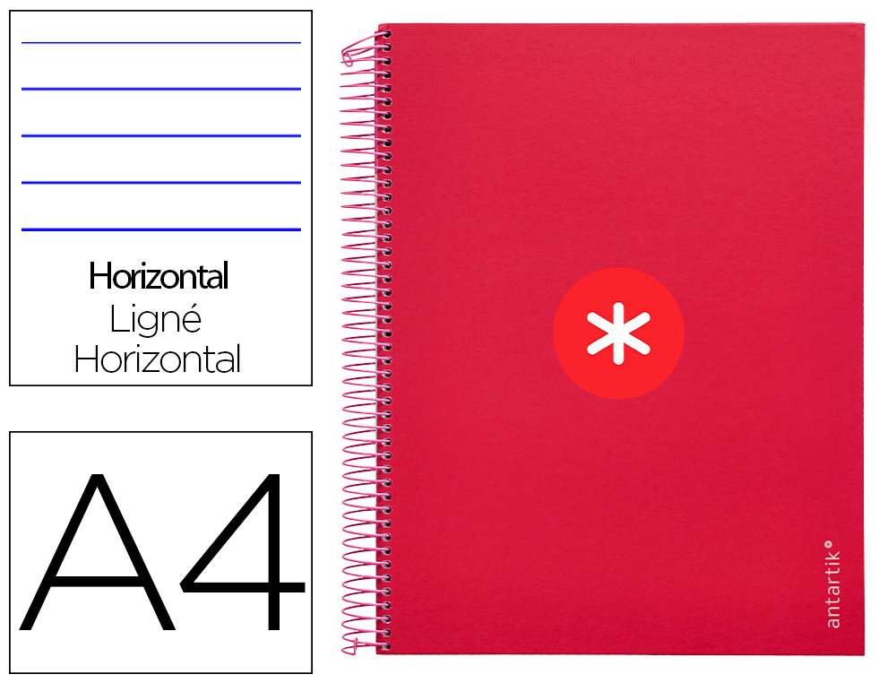 CUADERNO ESPIRAL A4 MICRO ANTARTIK TAPA FORRADA 120H 90 GR HORIZONTAL 5 BANDAS 4 TALADROS COLOR FRAMBUESA