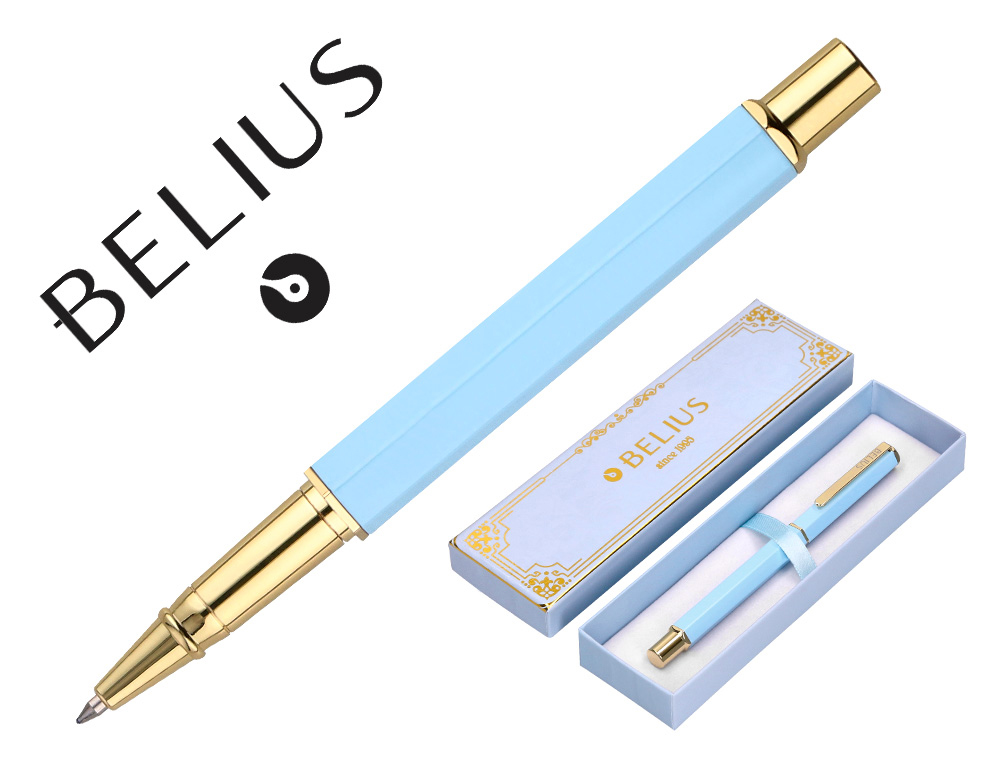 BOLIGRAFO BELIUS MACARON BLISS FORMA HEXAGONAL COLOR CELESTE Y DORADO TINTA AZUL CAJA DE DISEO