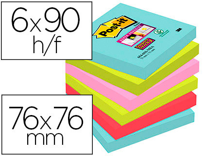 BLOC DE NOTAS ADHESIVAS QUITA Y PON POST-IT SUPER STICKY 76X76 MM CON 90 HOJAS PACK DE 6 UNIDADES COLORES MIAMI