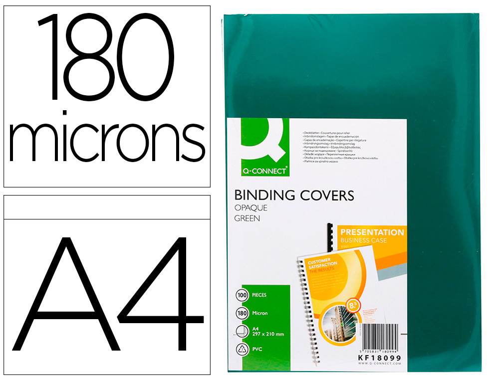 TAPA DE ENCUADERNACION Q-CONNECT PVC DIN A4 OPACA VERDE 180 MICRAS CAJA DE 100 UNIDADES
