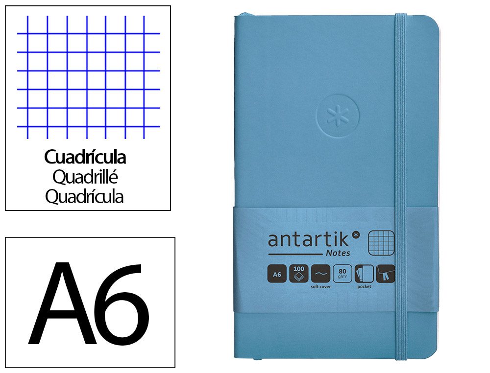 CUADERNO CON GOMILLA ANTARTIK NOTES TAPA BLANDA A6 CUADRICULA AZUL CLARO 100 HOJAS 80 GR FSC