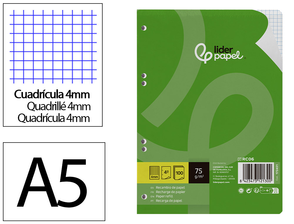 RECAMBIO LIDERPAPEL A5 100 HOJAS 75GR CUADRO 4MM CON MARGEN 6 TALADROS
