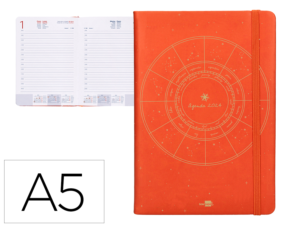AGENDA ENCUADERNADA LIDERPAPEL EFIRA A5 2024 DIA PAGINA COLOR CALABAZA PAPEL 70 GR